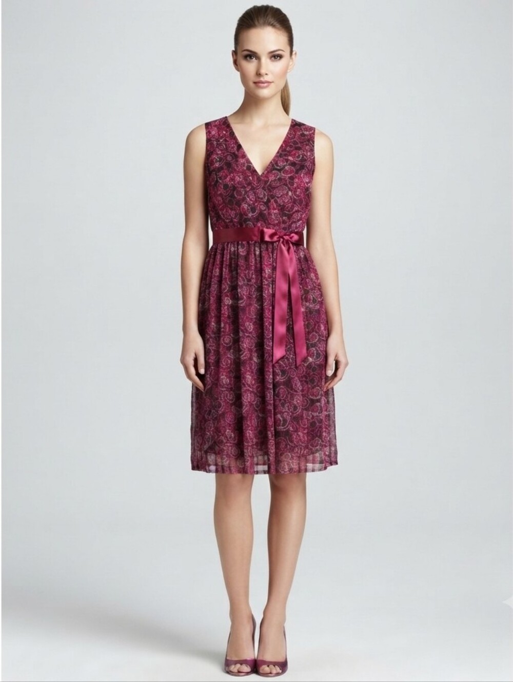 MOTHERHOOD Berry Red Paisley Faux Wrap Waist Belt Dress Size Small